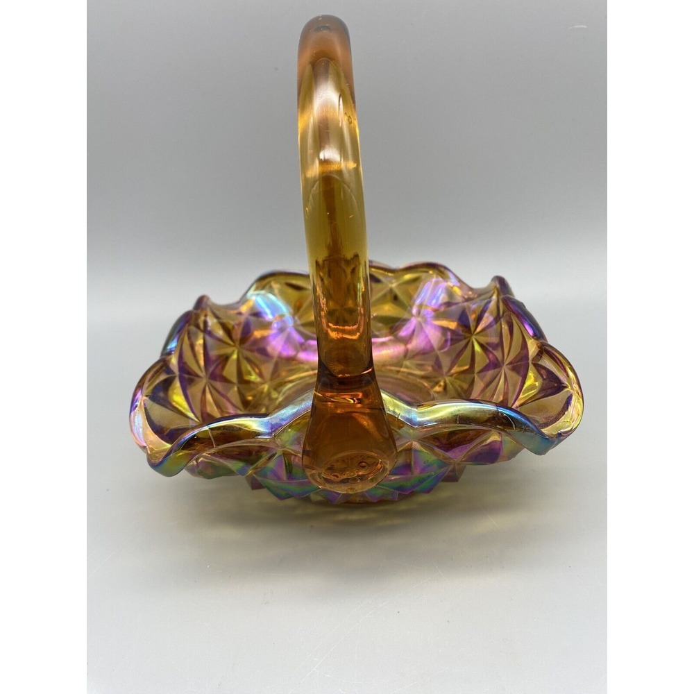 Vintage Indiana Glass Monticello Yellow Mist  Carnival Glass Basket With Handle‎